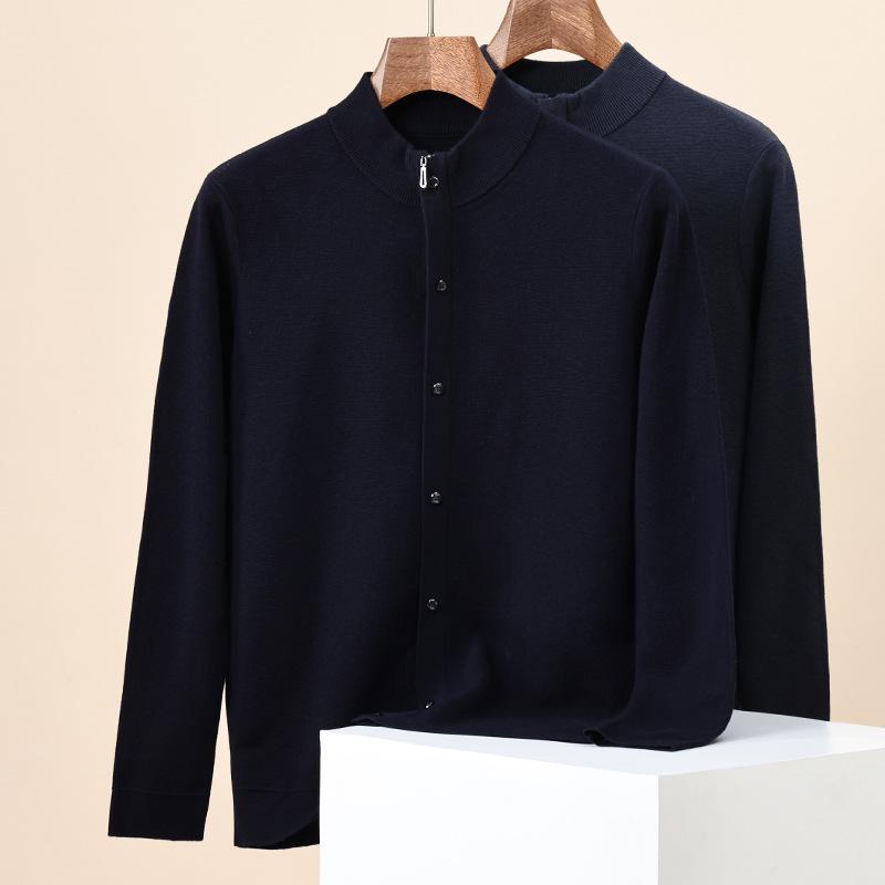 Hengyuanxiang Men's 100% Wool Thick Knit Half-High Neck Cardigan Sweater - Autumn/Winter 2025