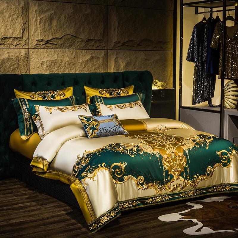 4/6/9Pcs European Luxury Gold Embroidery Brocade Egyptian Cotton Bedding Set Queen King Size Duvet Cover Bed Sheet Pillowcases