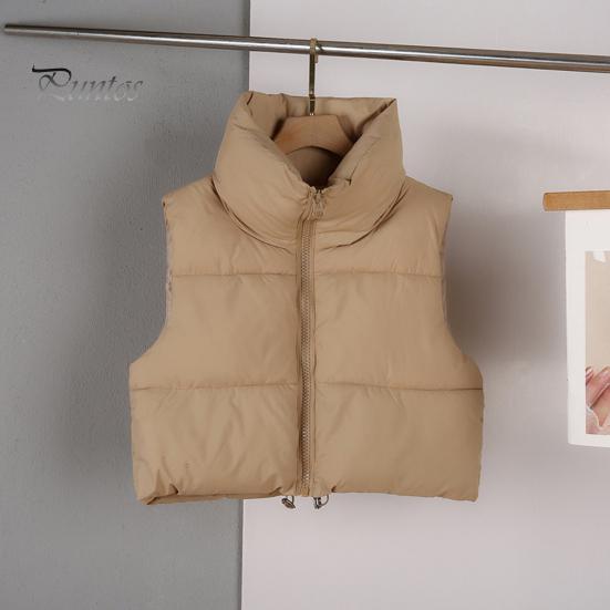 Thick Padded Waistcoat Winter Women Vest Coat Stand Collar Neck Protection Thickened Zipper Closure Jacket Cardigan Sleeveless Solid Color Drawstring