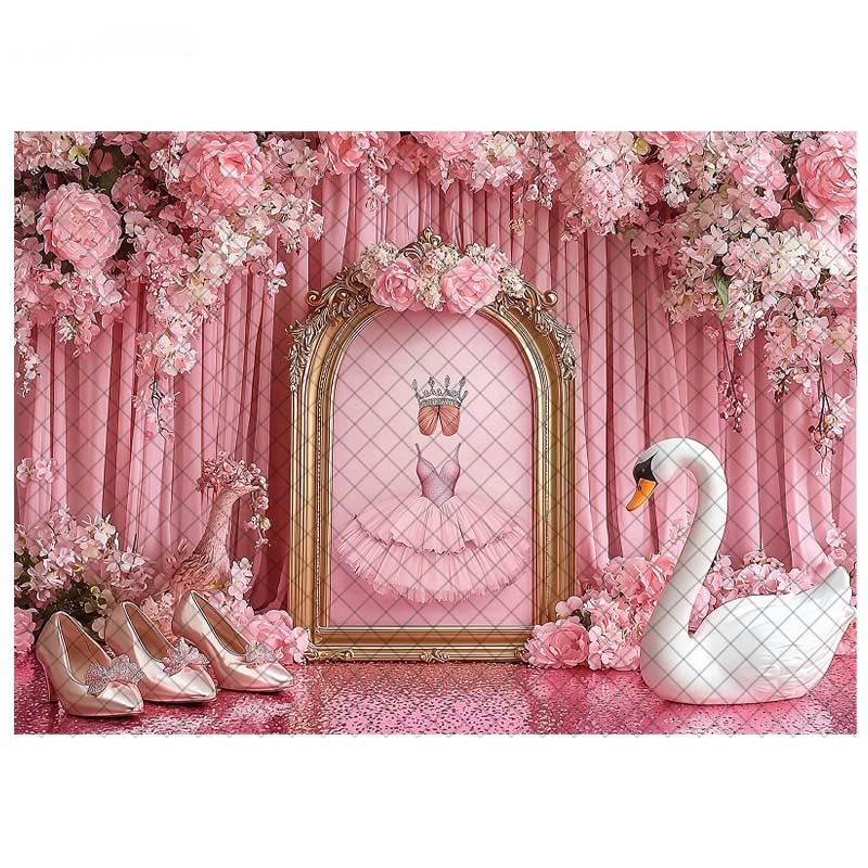 LS Fotografie Hintergrund Ballettschläppchen Schwan Rosa Vorhänge Dekoration Mädchen Prinzessin Geburtstagsparty Cake Smash Foto Kulisse Studio