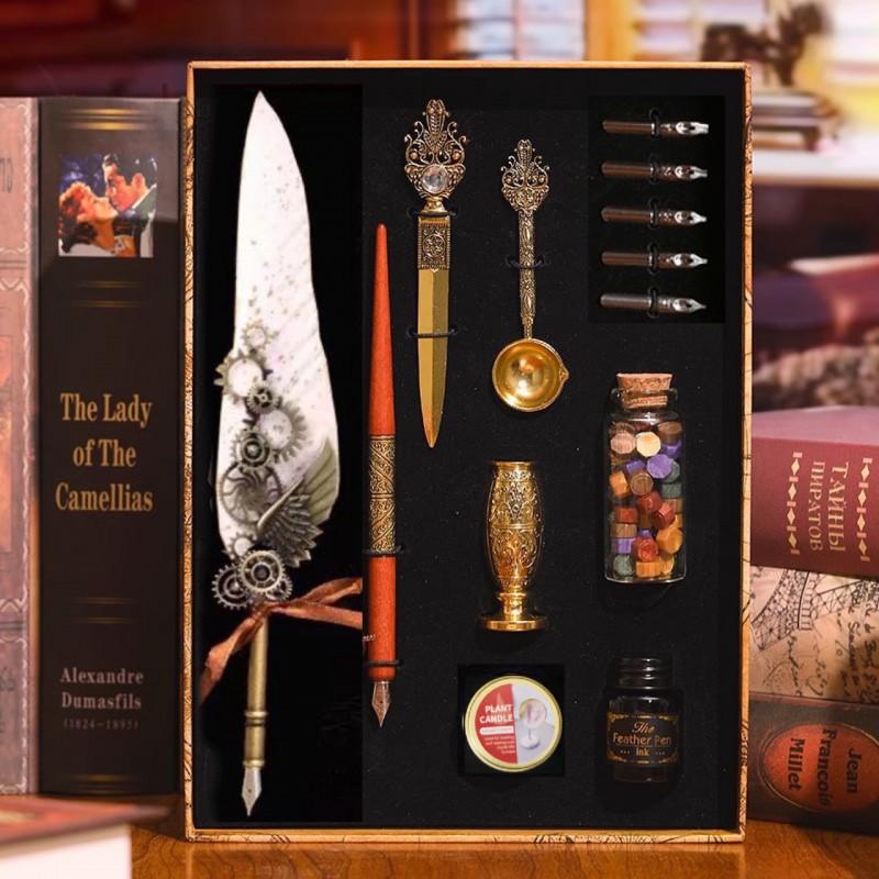 Mechanical Feather Dip Pen Set European Vintage Gold Foil Calligraphy Creative Gift