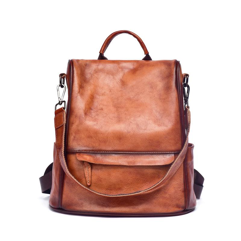 Vintage Backpack Genuine Leather Large Capacity Women Bag Solid Color Natural Cowhide Leisure Travel Bags
