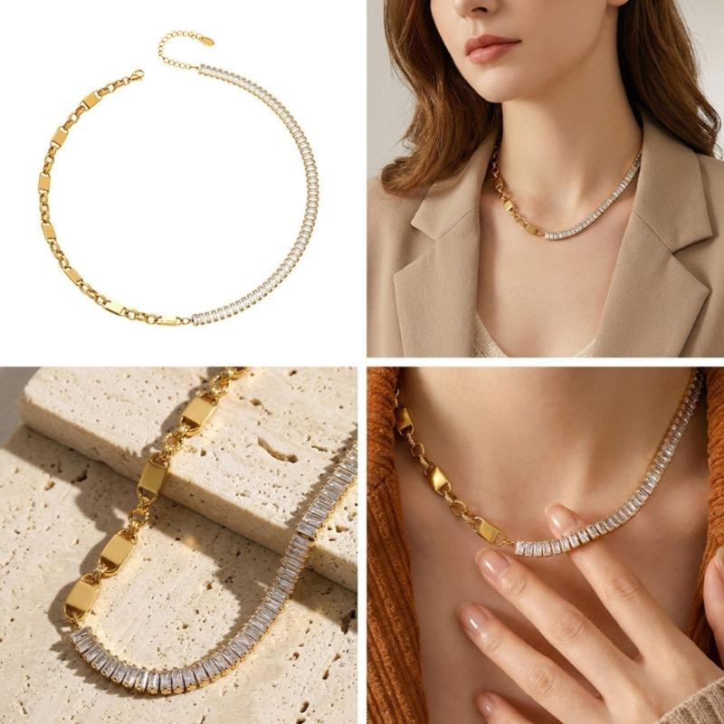 Geometric Zirconia Chain Necklace Stainless Steel Adjustable Length Collarbone Chain For Women Layering Jewelry