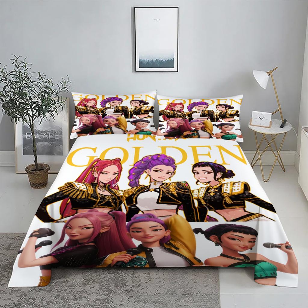 Golden Demon Hunters K-pop Bed Sheet Set 3D Printed Bed Flat Sheet With Pillowcase Bed Linen King Queen Size