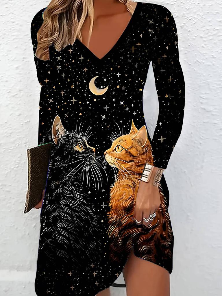 3D Kočka Tištěné Šaty s Dlouhým Rukávem Exkluzivní Trendy Kousek pro Ženy na Podzim a Zimu