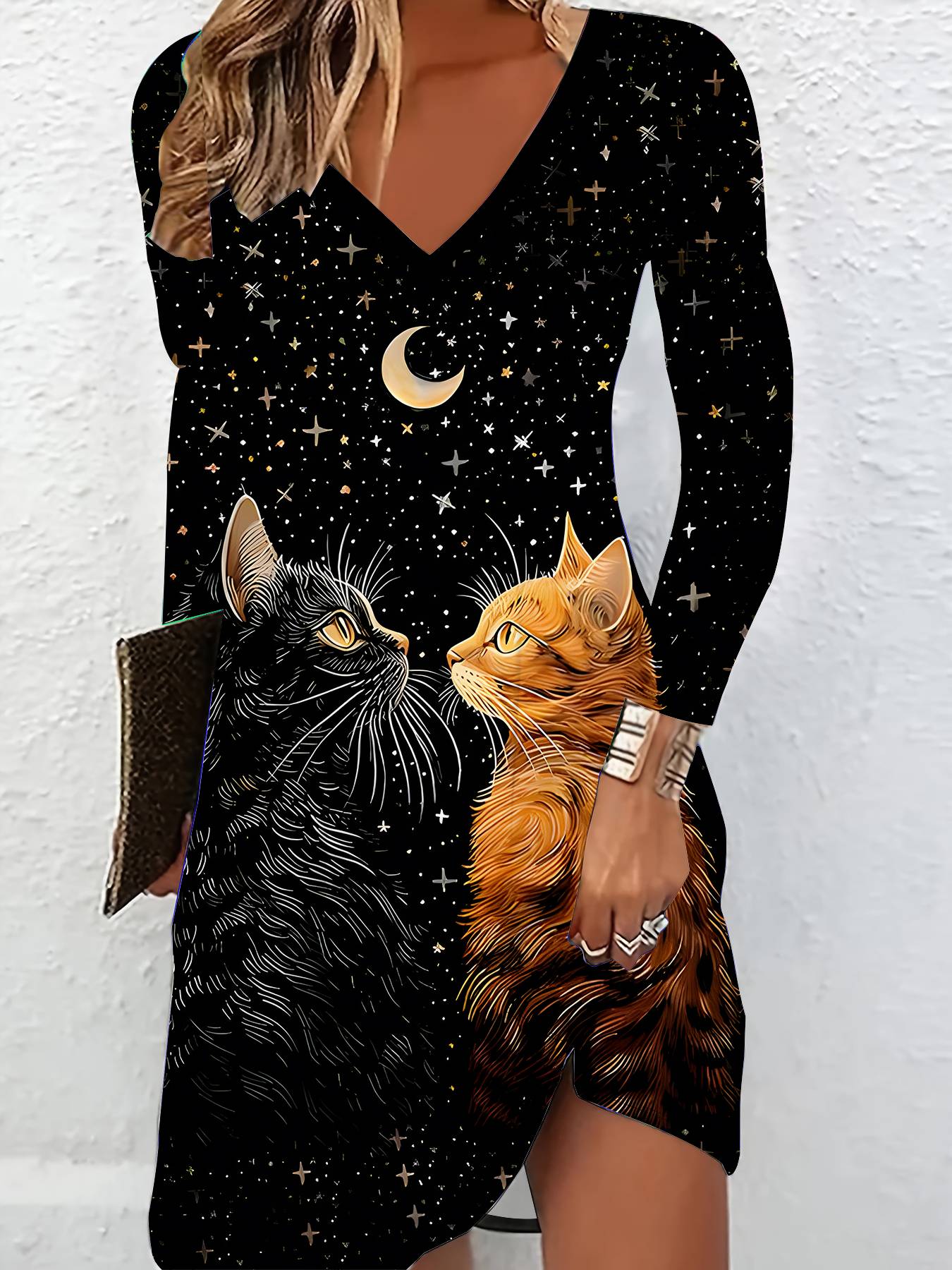 

Сукня з довгими рукавами з 3D-принтом кота Ексклюзивний трендовий предмет для жінок на осінь та зиму 1XL