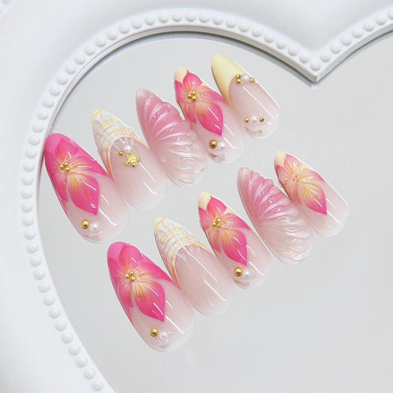 French Style Pink Flower Art Nail Patch Long Almond Fake Nails With Pearl Flower For Women Diy Manicure Accessories