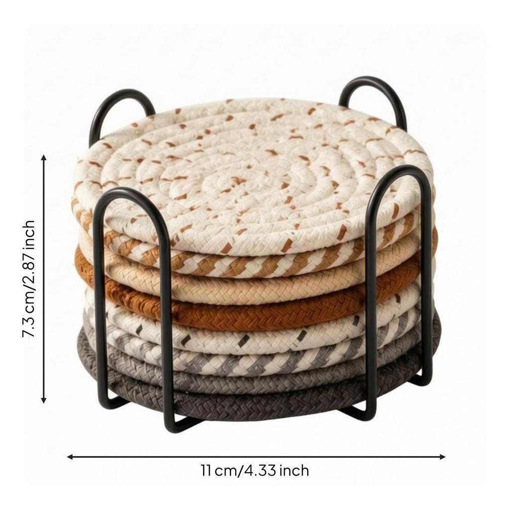 8 Pieces Braided Coaster Washable Set with Metal Storage Rack Reusable Thread Warming Mat