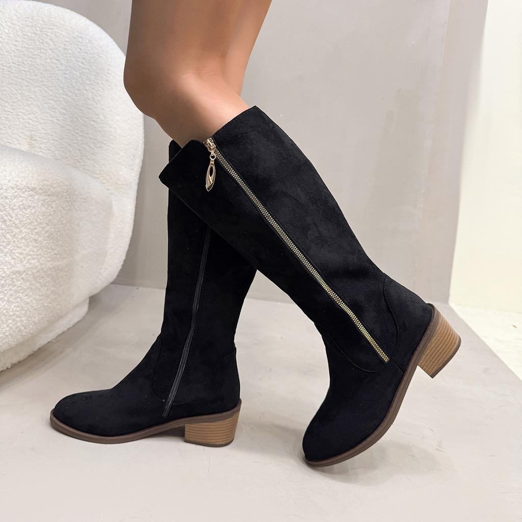 Suede High Tube Suede Low Heel Knight Boots Women's Winter New Large Size Pointed Side Zipper Fashion Boots