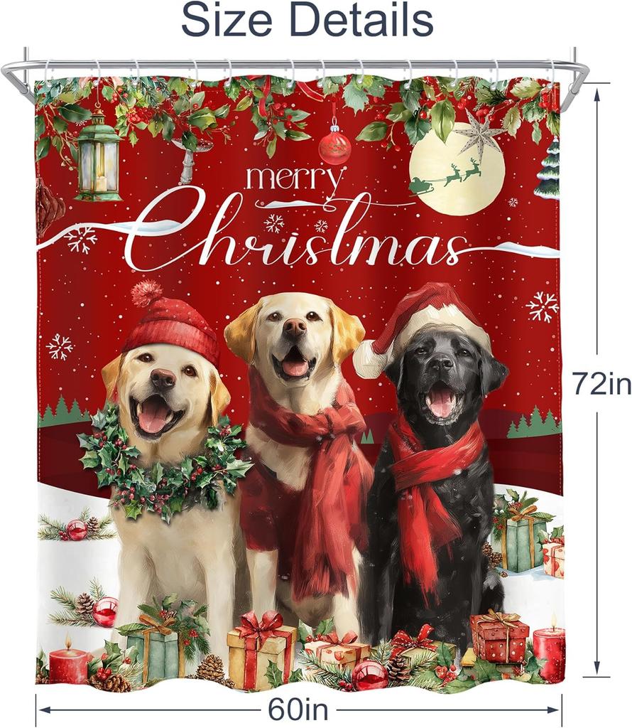 Christmas Dogs Shower Curtain Merry Xmas Red Western New Year Cute Animal Snow Winter Artwork Cloth Fabric Waterproof Polyester