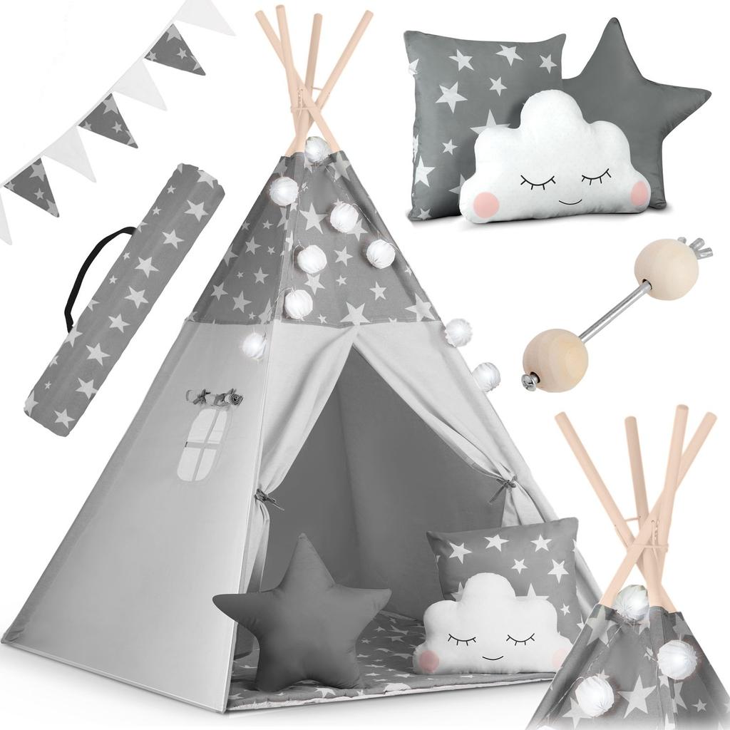 Nukido tipi tent for children with garland and lights - gray with stars