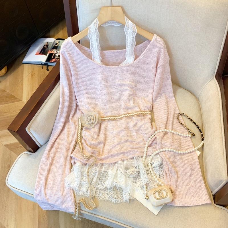 

Lace splicing neck knitted top women s spring and summer new design lazy style shirt with belt XL
