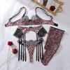 CINOON Damen Sexy Leopard Print Push-Up BH-Set Doppel-Schulterträger Spitze Einsätze Dessous-Outfit Mit Oberschenkelhohen Strümpfen