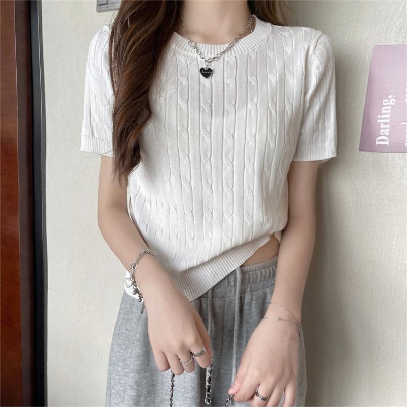Vintage Crew Neck Short Sleeve Shirt Knitted Sweater Women's Thin Summer Design Slim Fit Short Student Top