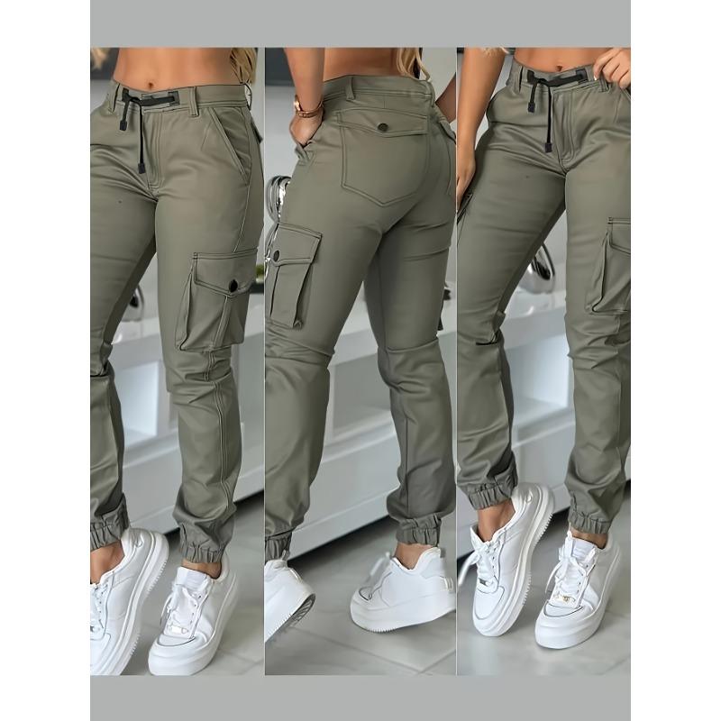 Women'S Casual Olive Green Cargo Pants - Long Length, Drawstring Waist, Multiple Pockets, All-Season Comfort, Casual Attire|Drawstring Waistband