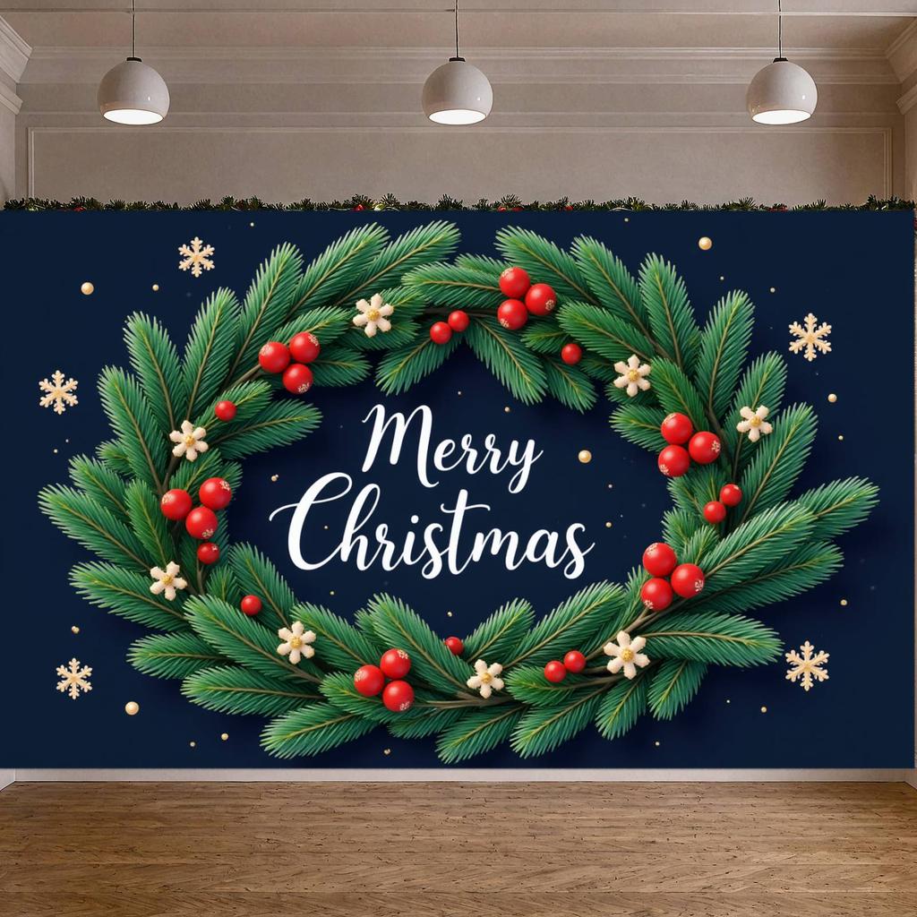 Xmas Banner Green Pine Christmas Party Banner Winter Banner White Flowers For Holiday Celebration Christmas Event Office