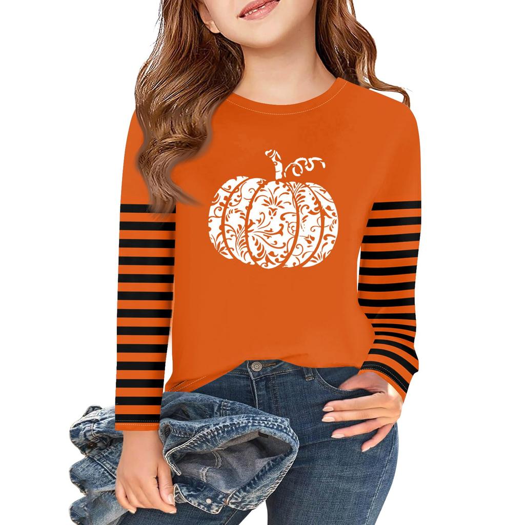Jenter Langermet Halloween Dag T-skjorter Barn Høst Topper Rund hals Basic T-skjorter 2-11Å
