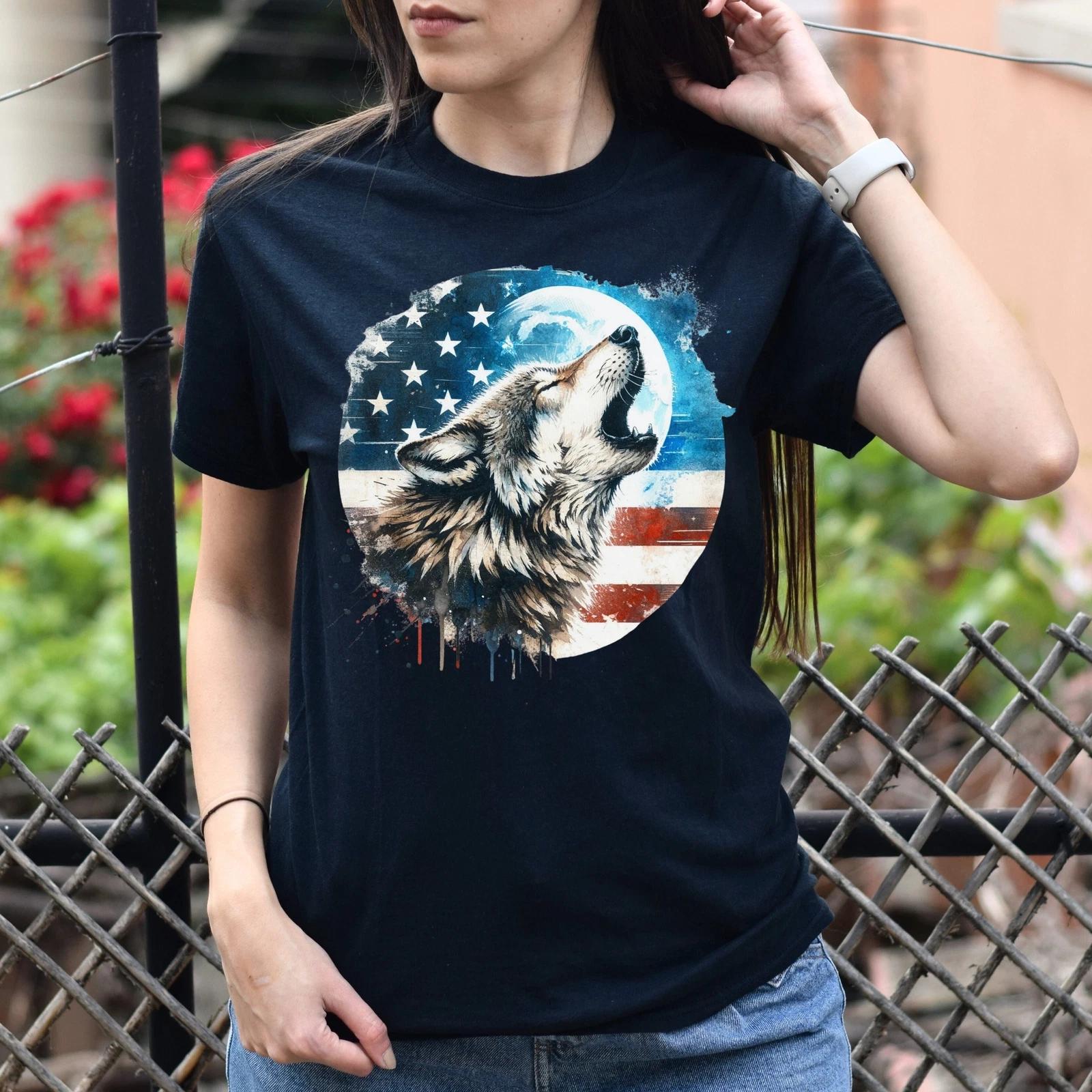 Wolf and the fool moon American flag Unisex Tshirt Black Navy Dark Heather M