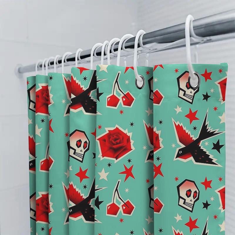 Vintage Skull Tapestry Shower Curtain Gothic Halloween Decor Black Red Skull Pattern Washable Bathroom Curtains Spooky Home Deco