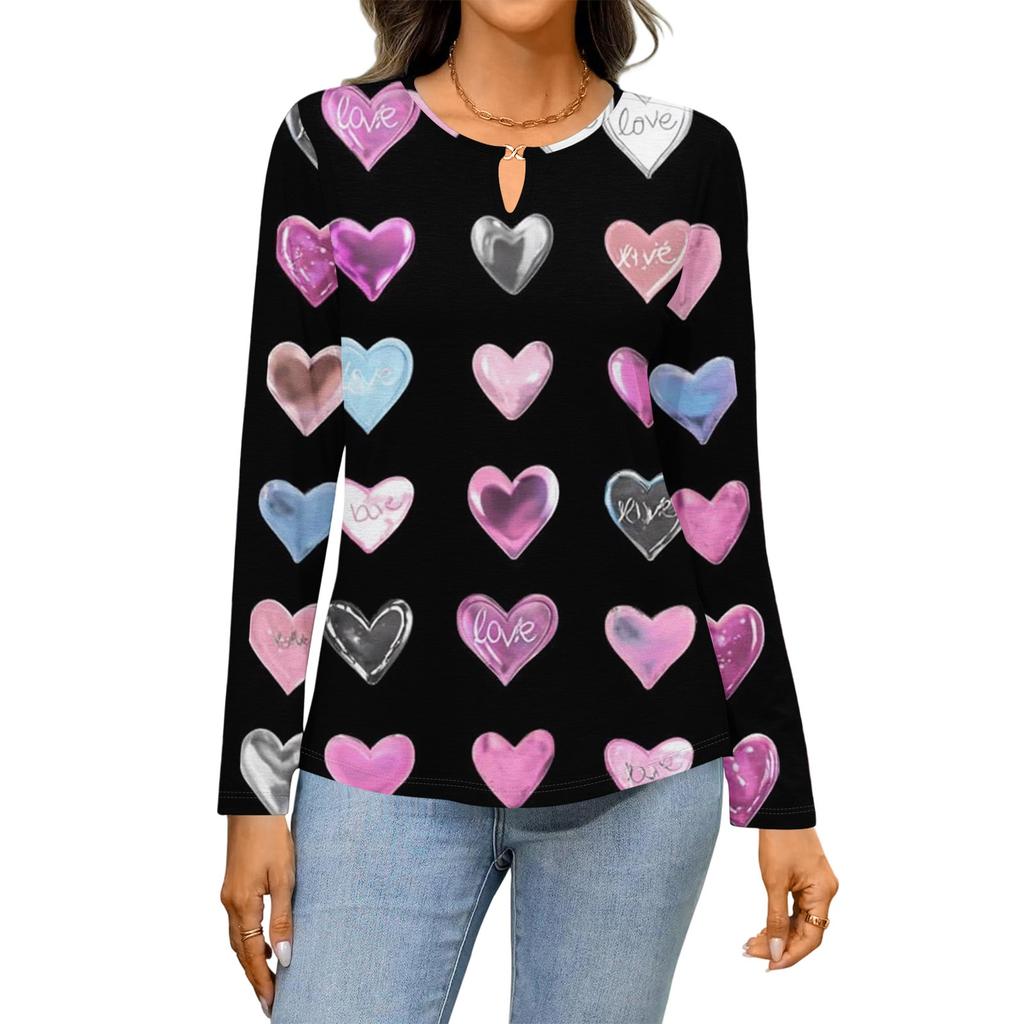 Women's Casual Round Neck Hollow,out Pullover Long Sleeve Valentine's Day Heart Print T,shirt Top