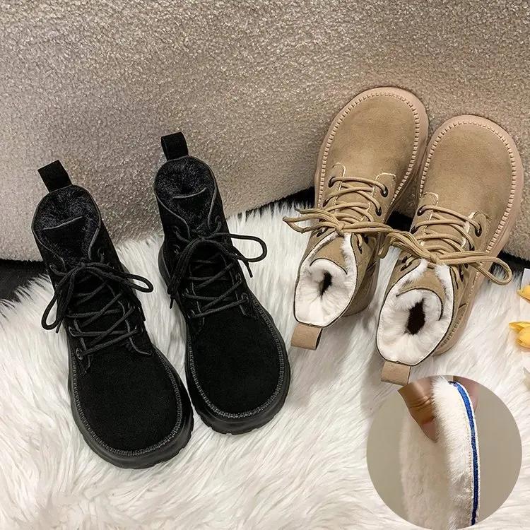 Fashion Thick Autumn and Winter Thick Soled Cotton Shoes with Fleece Small Man Fashion Lace-up Fur Integrated Casual Boots