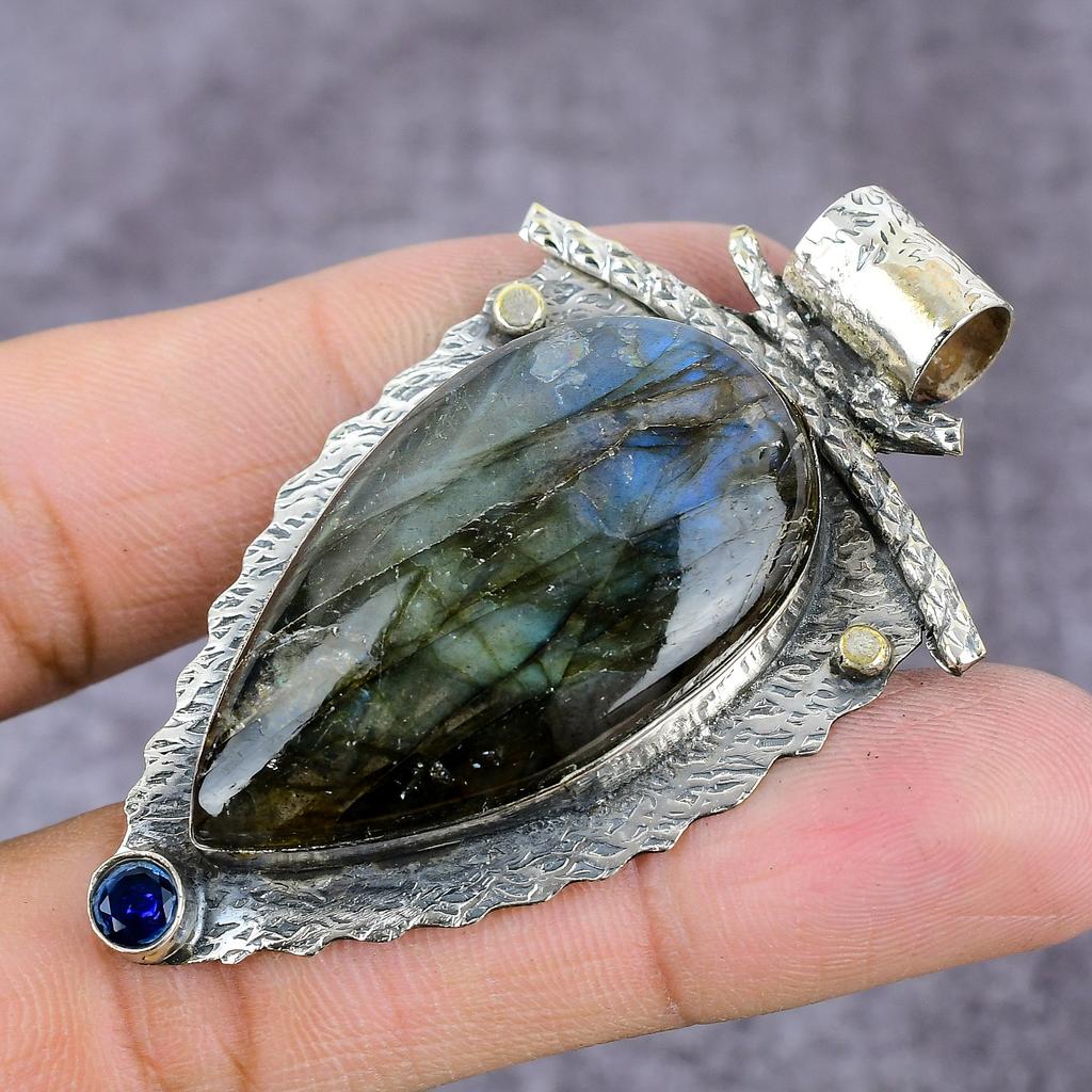 Labradorite, Blue Topaz Handmade 925 Sterling Silver Pendant 2.27" T9s15