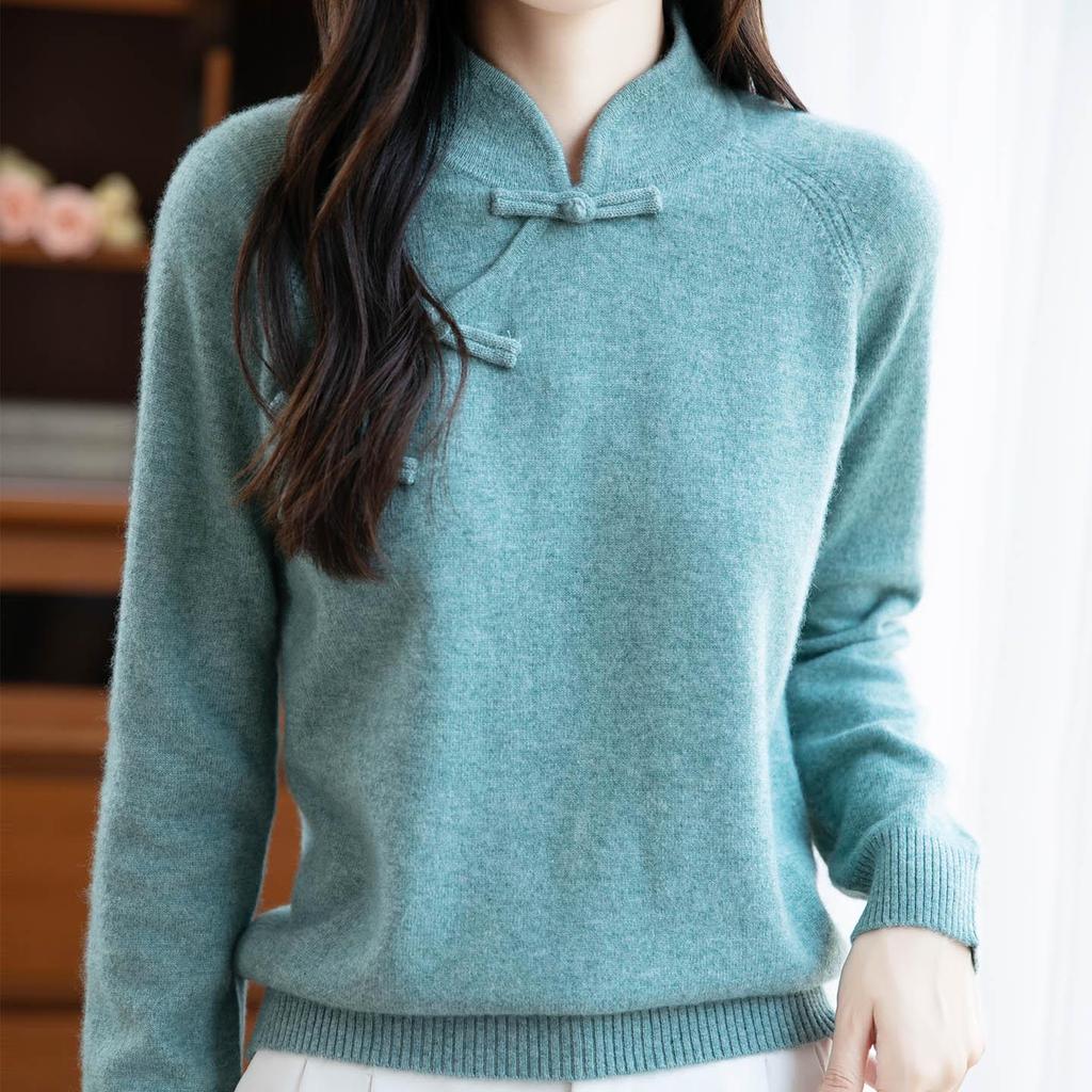 100% Australian Wool Retro Chinese Style Frog Button Sweater - Women's Thick Wool Base Layer for Autumn/Winter 2025.