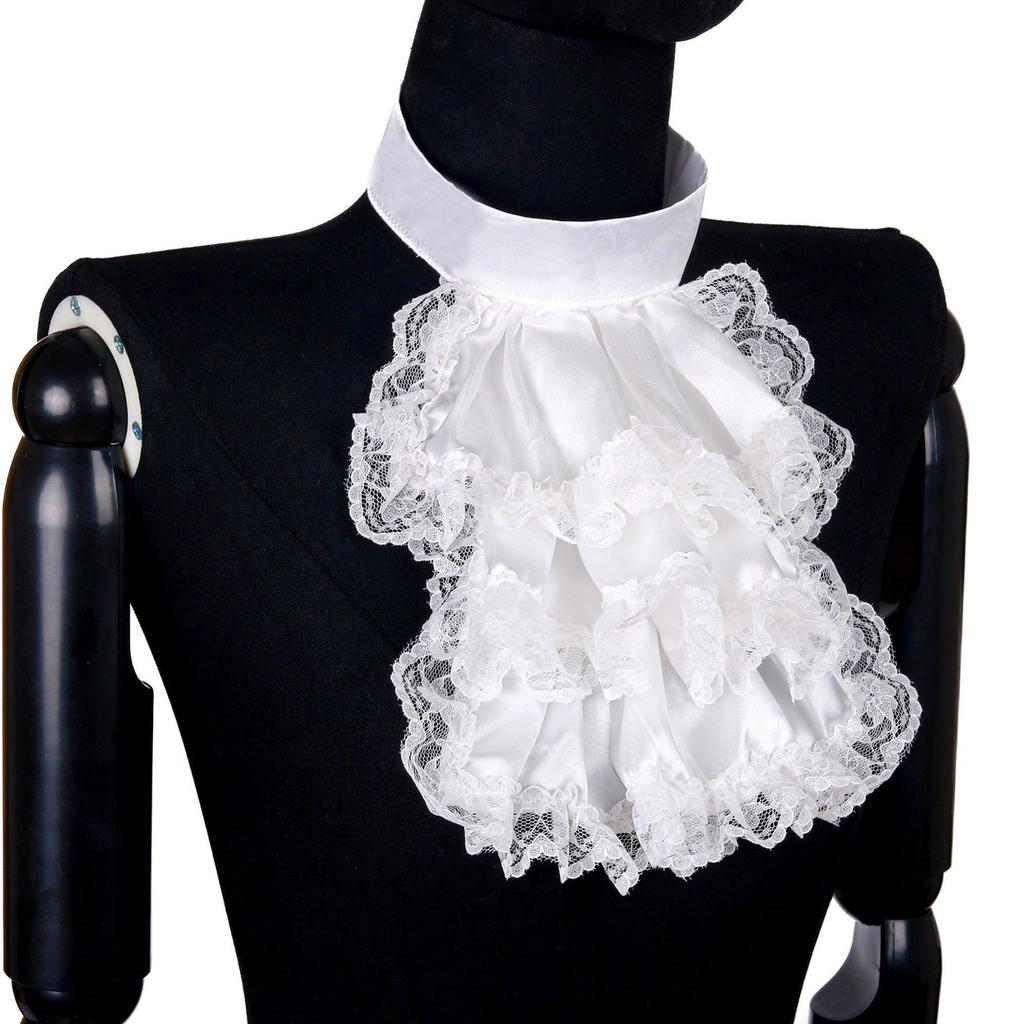 Tiered Ruffled Lace Necktie Collar with Wrist Cuffs Set Victorian Colonial Jabot Set Renaissances Historical Costume