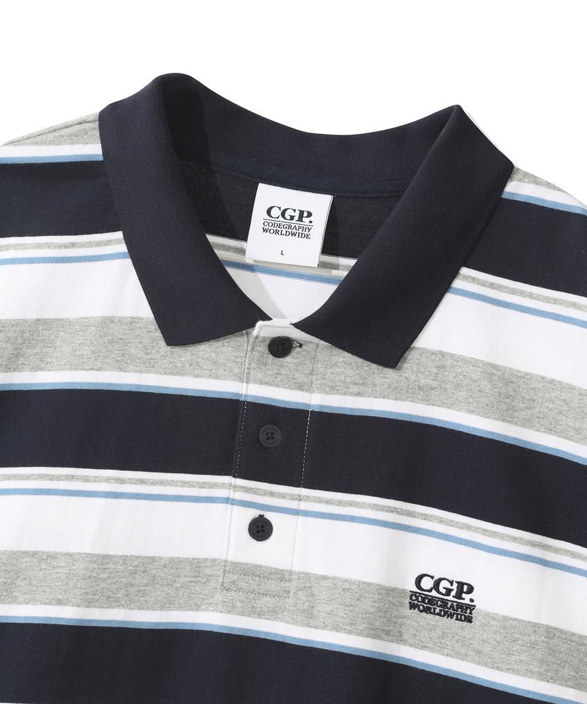 CGP Multi-Stripe Short-Sleeve Collared T-Shirt - Dark Navy