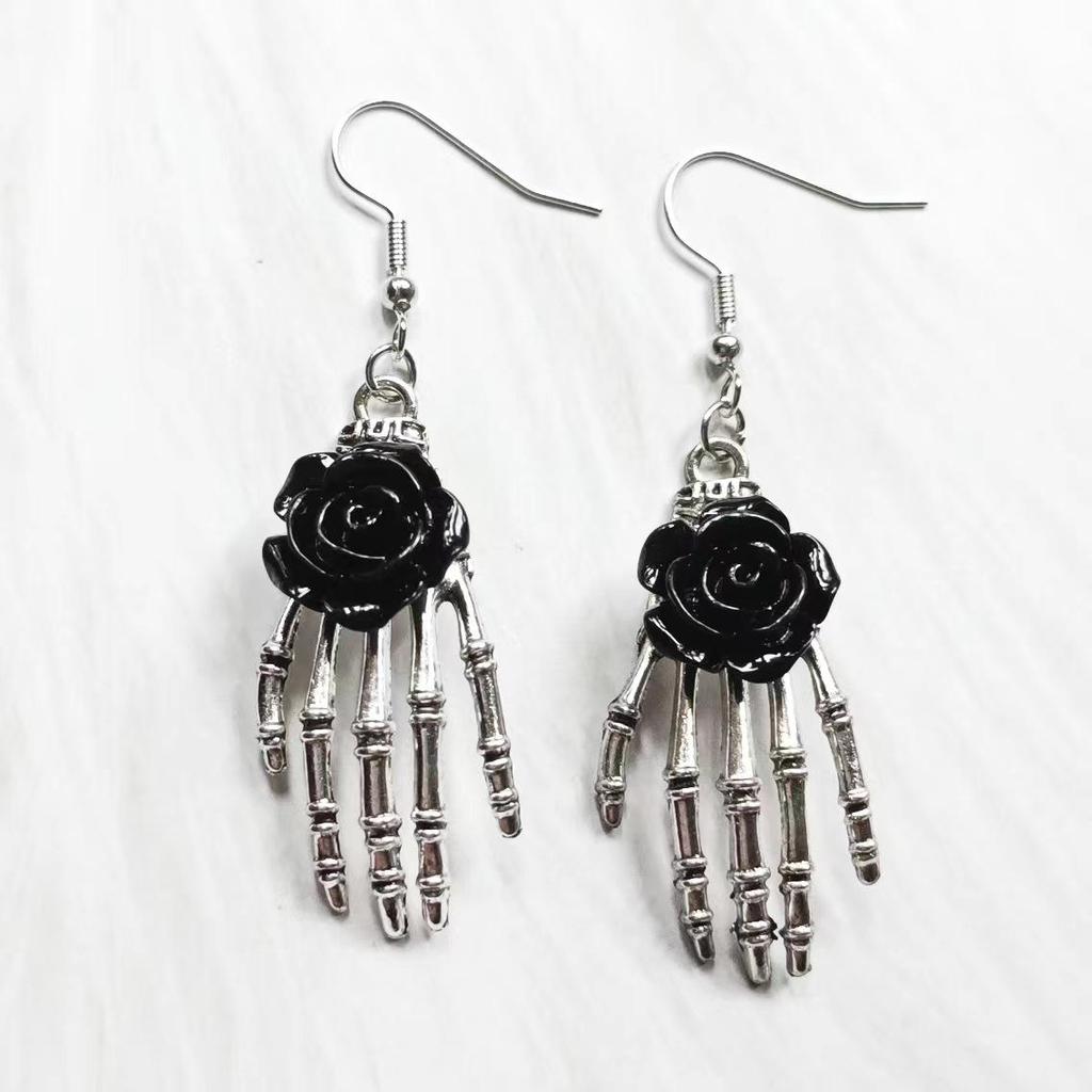 Handmade Gothic Skull Hand Red Rose Earrings: Vintage Halloween Jewelry