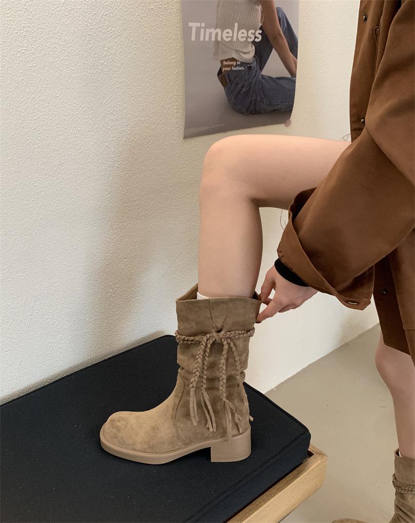 

Женские ботинки на толстой подошве, в стиле ретро, рыцарские ботинки, матовые, с бахромой, из пеньковой веревки, на толстом каблуке, полусапожки 39 хаки