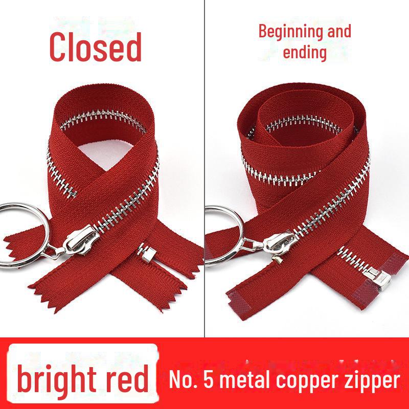 No. 5 Copper Zipper with Silver Teeth and Large Ring Pull for Leather Pants, Skirts, and Luggage, 20-40cm
