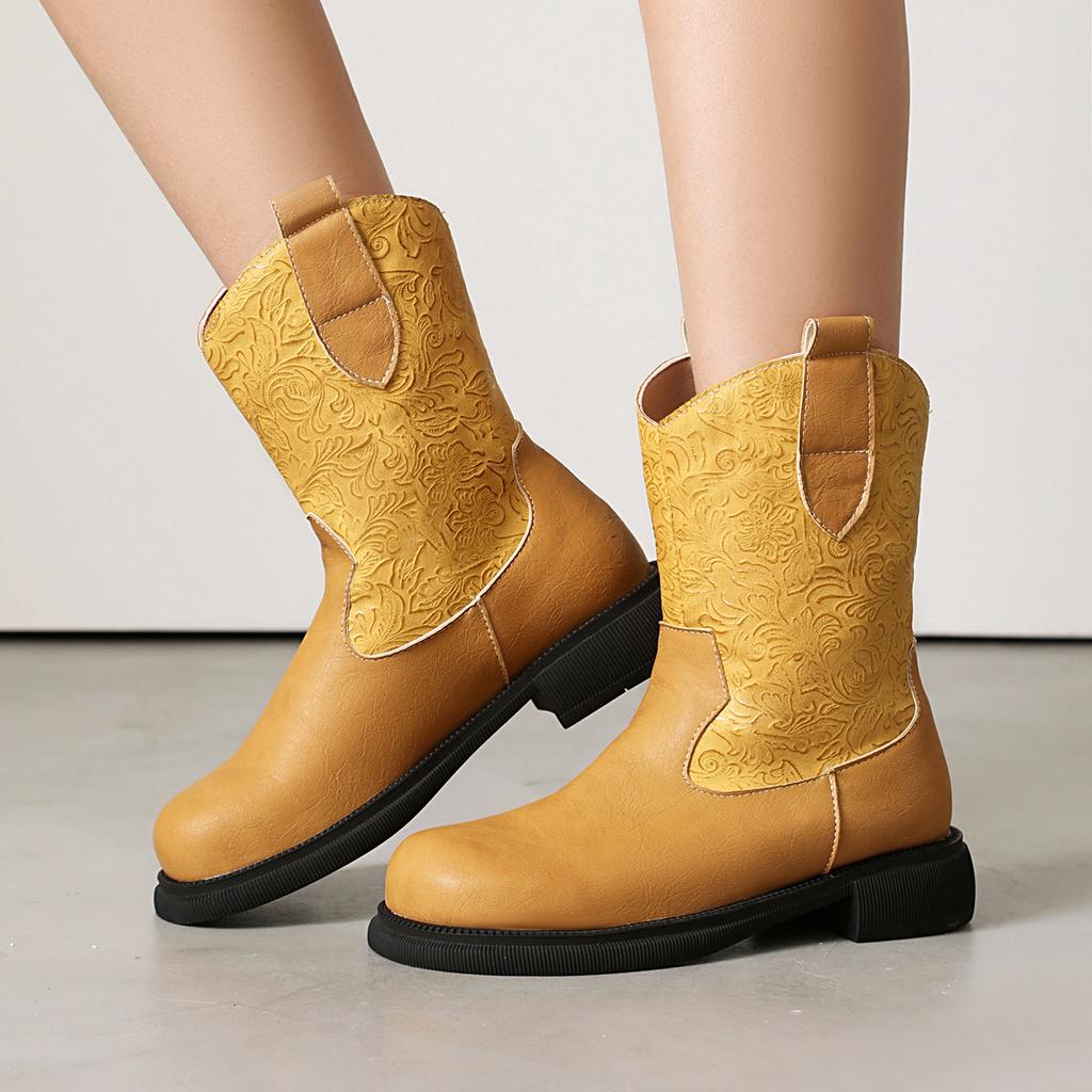 Comfy Western Boots Women's Ankle Boots Cowboy Low Heels Shoes Round Toe Patchwork Footwear