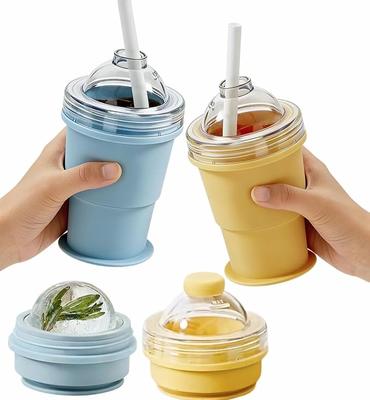 Portable Folding Ice Ball Cup 2 In 1 Silicone Ice Ball Maker Cup with Leak-resistant Lid & Straw for Travel Camping Cocktails