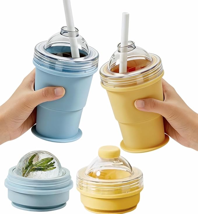 Portable Folding Ice Ball Cup 2 in 1 Silicone Ice Ball Maker Cup with Leak-resistant Lid & Straw for Travel Camping Cocktails