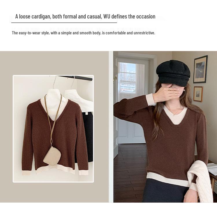 Women's V-Neck Wool Sweater: Color Block, Faux Two-Piece, Long Sleeve Knitwear