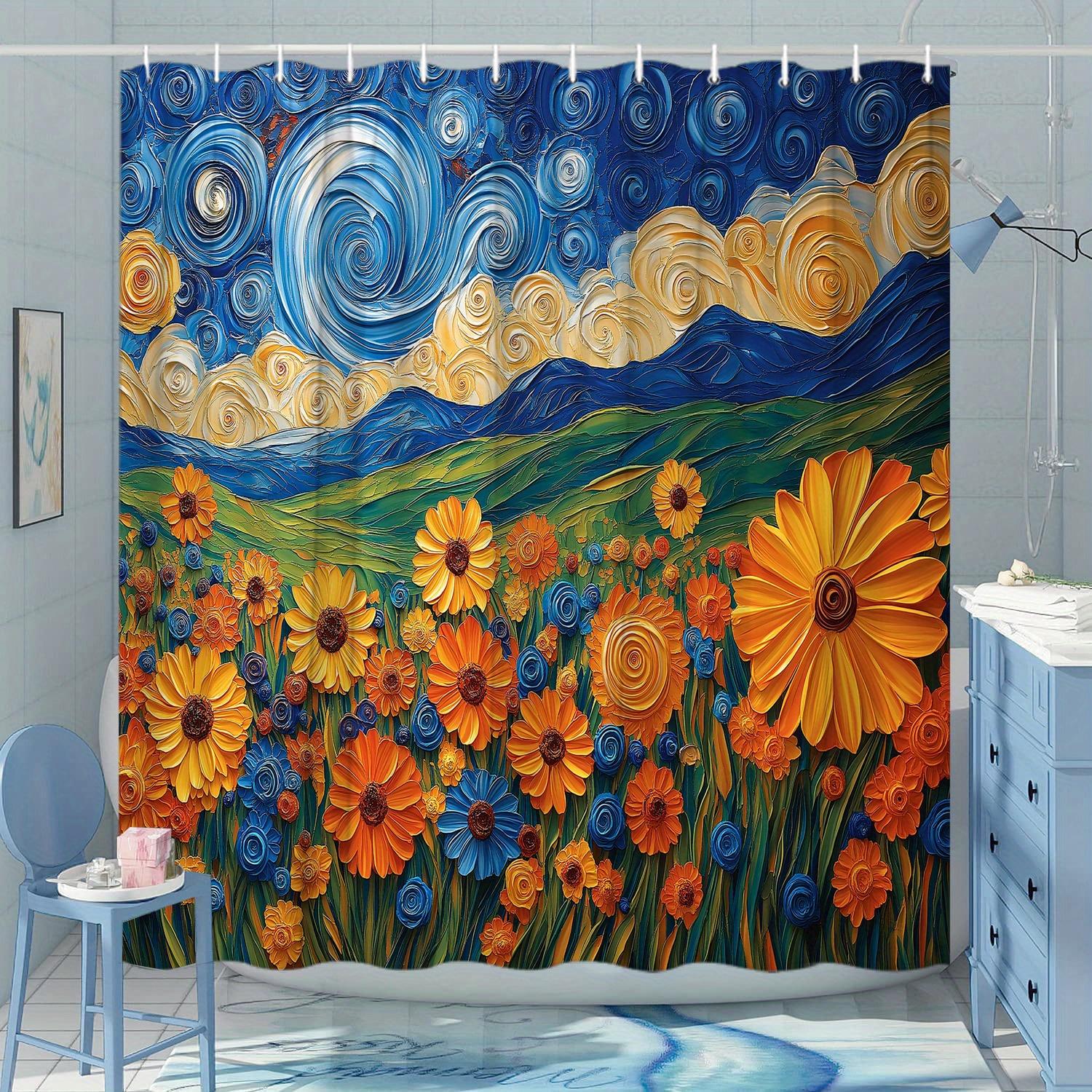 

1Pc Van Gogh-Inspired Starry Night Floral Field Shower Curtain With Swirling Clouds & Vibrant Flowers - Polyester, Machine Washa W60H190(CM)-1 Pcs