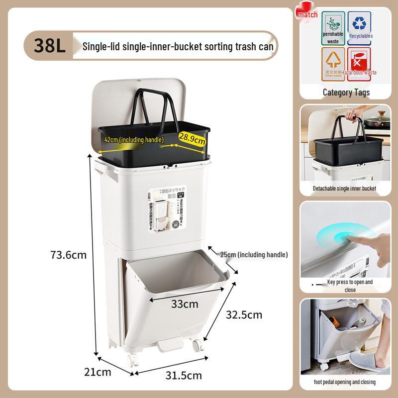 JEKO Elevated Kitchen Trash Can with Lid, Push-to-Open, Large Capacity, Double Layer for Dry/Wet Separation