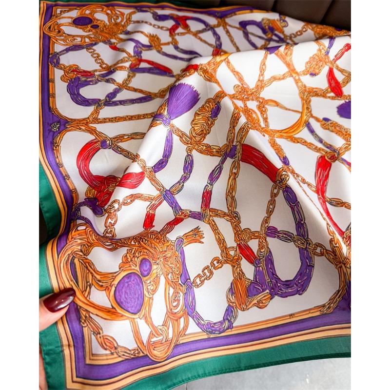 Luxury Vintage Printed Silk Like Square Scarf For Women