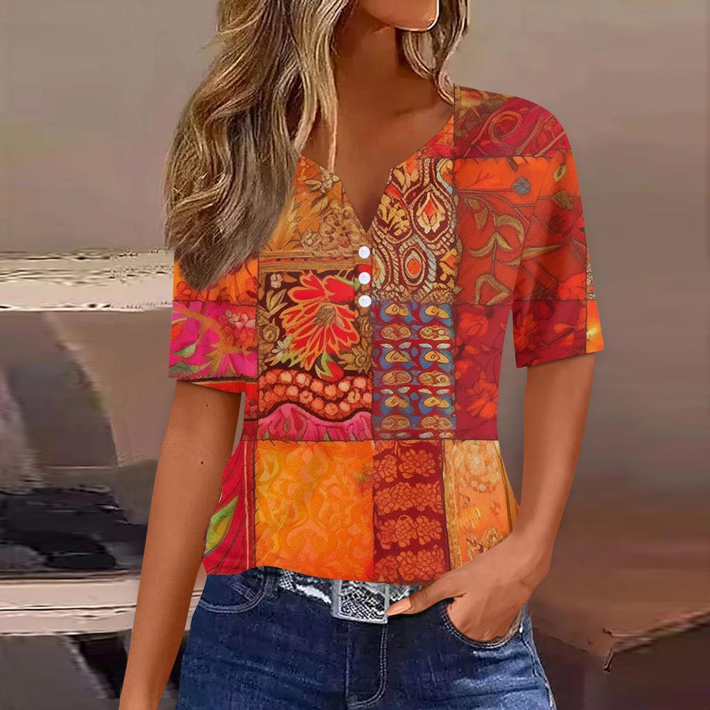 Women's T Shirt Print Button Short Sleeve Daily Weekend Fashion Basic V-Neck Regular Top