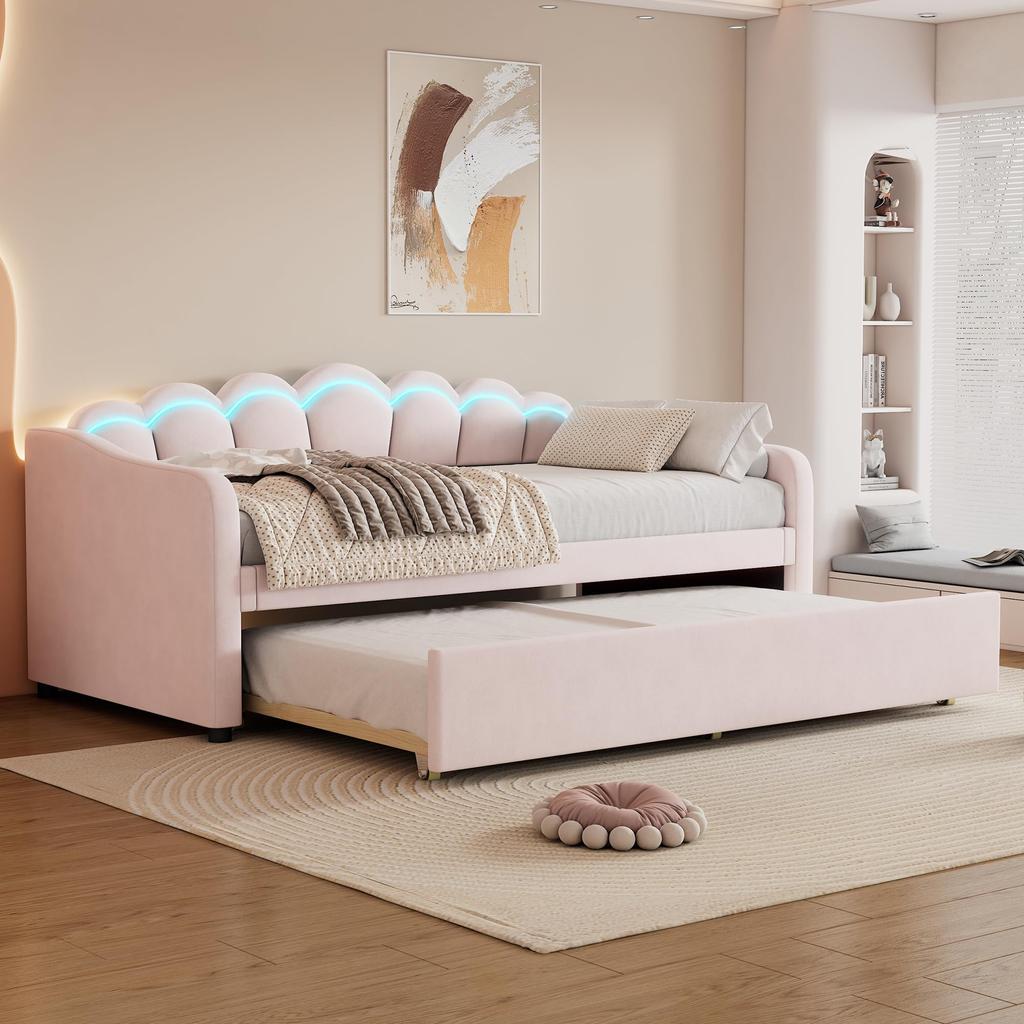 Schlafsofa Polsterbett 90x200 cm, Ausziehbares Bettsofa, LED-Licht, Samt, minimalistisches Styling, Gästebett, Beige