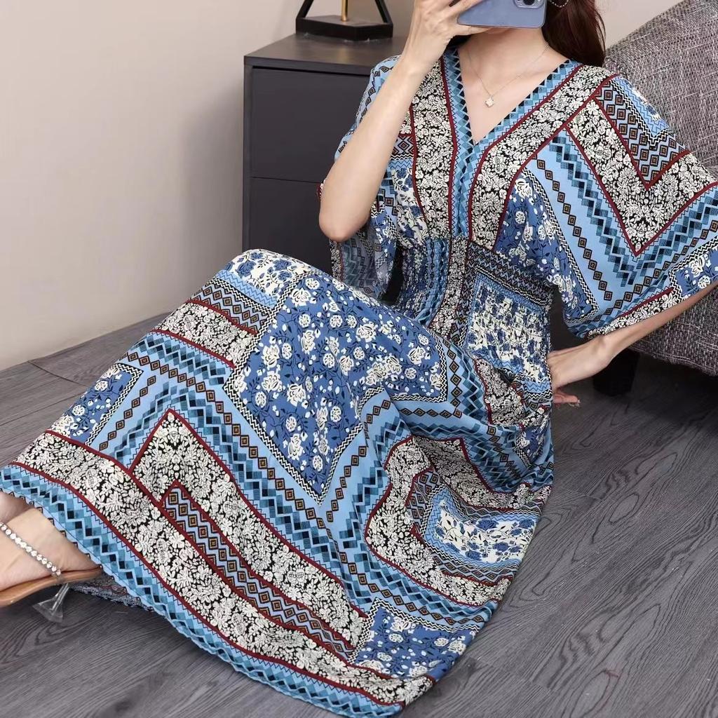 Ethnic Style V-neck Cotton and Silk Short-sleeved Beach Dress Thailand Travel Dress Summer Print Vacation Floral Skirt
