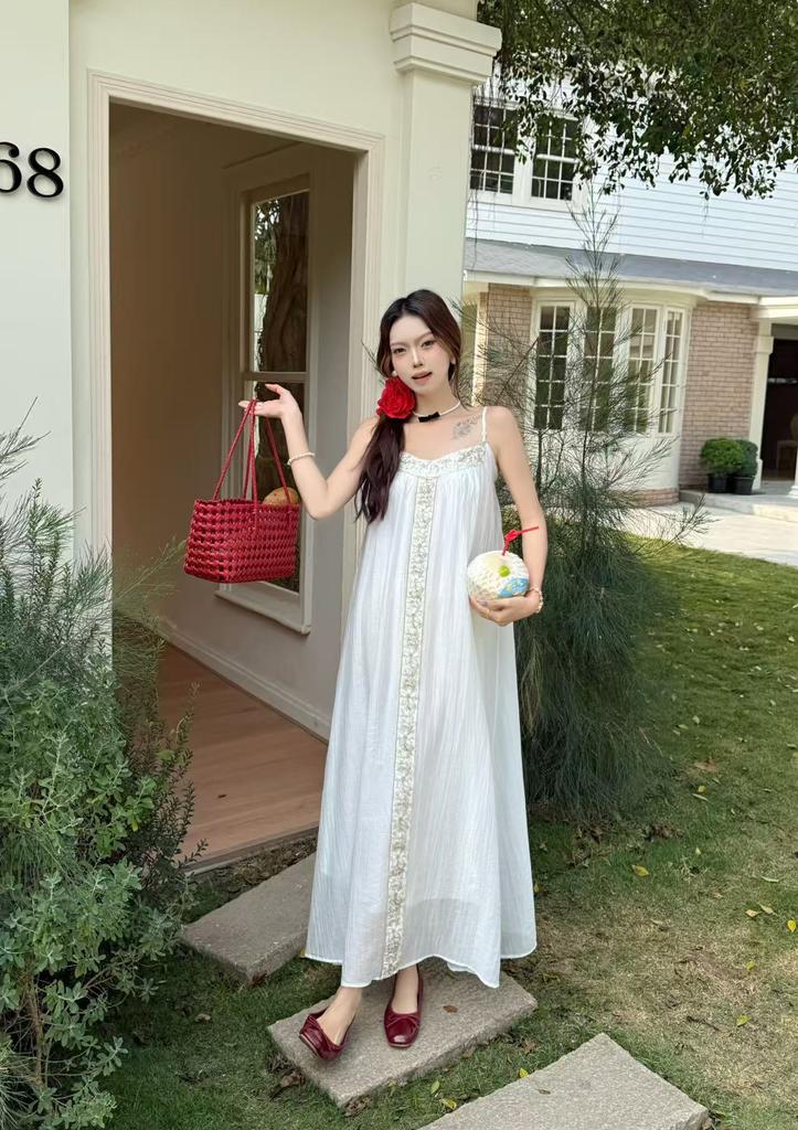 Summer New Green-style New Chinese Style Loose Heavy-duty Lace Lace Chiffon Camisole Long Dress for Women