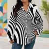 Women Plus Size Collared Neck Long Sleeve Black White Printed Button Front Curved Hem Shirt