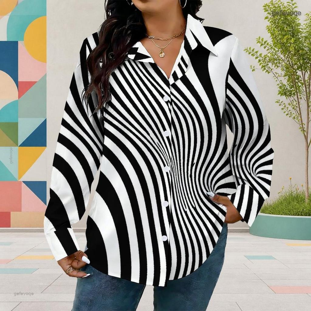 Women Plus Size Collared Neck Long Sleeve Black White Printed Button Front Curved Hem Shirt