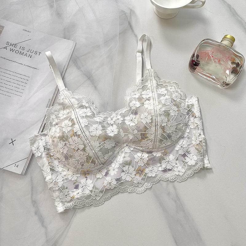 Romantic Floral Lace Beautiful Back Small Chest Gathering No Steel Ring Bra Fixed Cup Upper Support Sweet Temperament Bra Underwear
