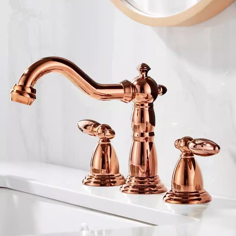 Tuqiu Brushed Gold Bathroom Faucet Antique Basin Faucet Brass Grey Sink Faucet 3 Hole Widespead Hot & Cold Wash Faucet Water Tap