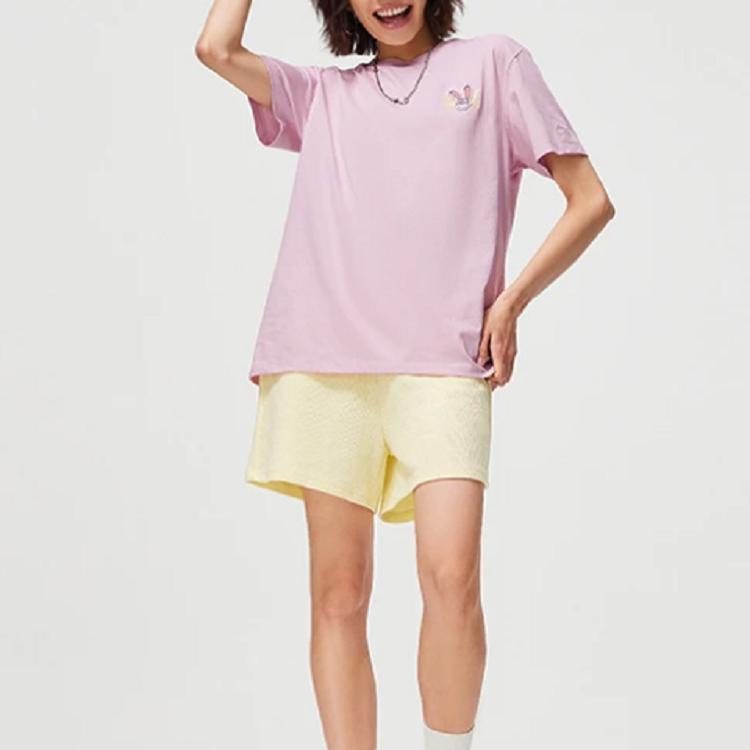Li Ning X Disney Collaboration Crazy Animal Series Cartoon Pattern Round Neck Short Sleeve T-Shirt Women Tops Soft-Pink AHST272-2