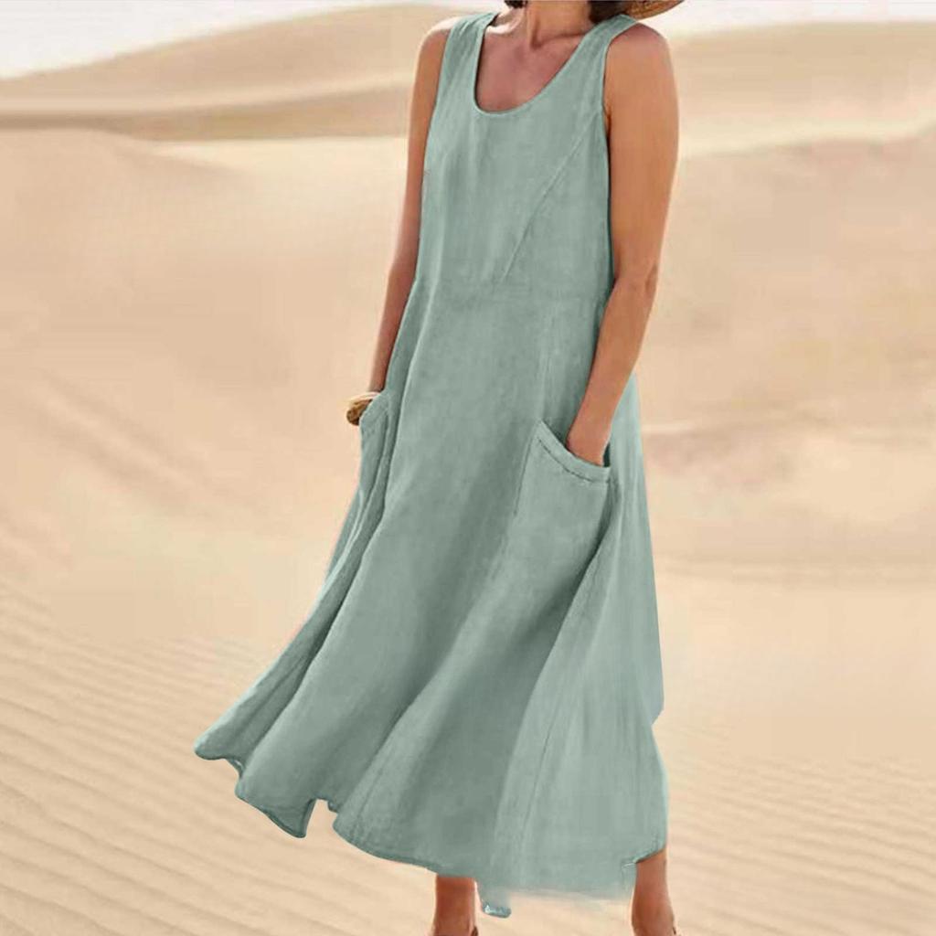 VEZFAA Women's Fashion Summer Spring Solid Color Print Sleeveless U-Neck Loose Waistlinet Casual Dresses