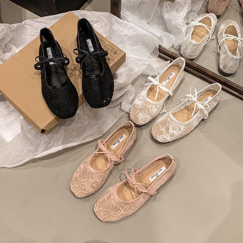 2025 square head spring summer evening shoes heightened breathable gentle women's shoes French mesh Mary Jane single shoes new